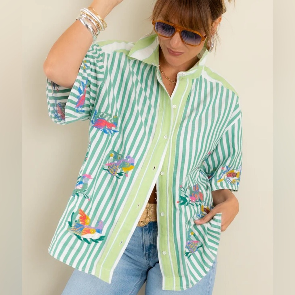 NWT Free People The Bird Shirt Embroidered Stripe Short Sleeve Button Down XS